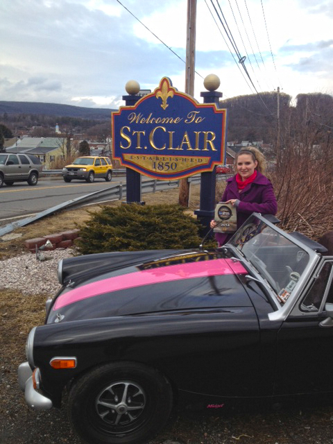 My dad and I decided to take my '74 Midget, nicknamed the "pink pup", out for its first drive of the 2013 season. It's still a work in progress (we are restoring it ourselves) so there is currently no top. Even though it only reached 40 degrees today we couldn't resist the chance to take the "pink pup" out for a drive. We look forward to more 2013 motoring challenge destinations. –Kelly Flannery