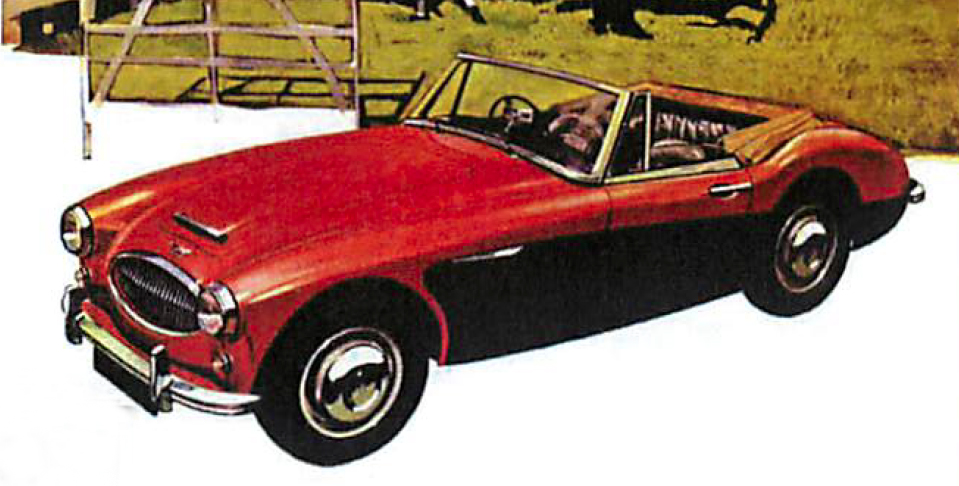 "The Auslin-Healey 3000 Sports Convertible is an occasional four-sealer, with clean, stylish lines
presenting a delightfully appealing picture from any angle. Soundly designed from bumper to bumper, the Sports Convertible has a four-speed synchromesh gearbox transmitting power to a hypoid rear axle. Wire wheels, fitted with 5.90-15 Road Speed tires, and a fine range of single or dual-tone colour schemes,
with suitably toned interior trim, are available as standard equipment."
