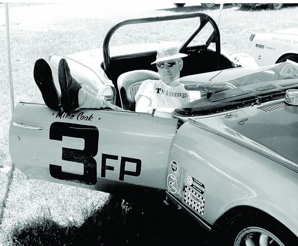 While Mike Cook raced this Spitfire Mk 3 for several years, he also used it to catch some relaxing moments off track, as shown here at Lime Rock in 1971. Mike purchased the car from the Triumph Competition Department after Lee Mueller drove it to a win at the 1969 SCCA FP championship.