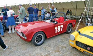 The Classic Motorsports Magazine tent on Friday evening: time to kick tires and check out the rides. In the foreground is FoT stalwart Joe Alexander’s ’63 TR4; in the background, Bill Babcock (beer in hand) discuses the tube-frame Peyote special.