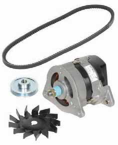 The Moss kit includes a Lucas alternator, pulley, fan, belt, brackets wiring connectors, and instructions. The kit also adapts to Moss-supercharged MGBs.