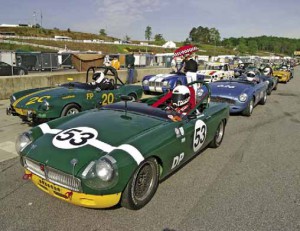 Part of the Group B practice lineup: Scott Fohrman’s #53 ’64 MGB, Joseph Hovey’s #20 ’67 Spitfire, Jesse Prather’s #026 ’66 MGB, Jack Drews’s #59 ’61 TR4, and Mark Thomas’s #14 ’71 Vitesse.