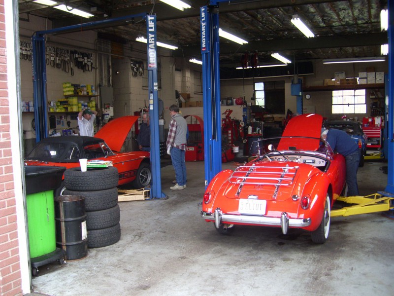 One of the members owns a foreign car garage. One Saturday each year, he opens his garage up for members to bring in their MGs in to do light maintenance work on them or just to inspect them. His garage has 3 lifts, and all the tools needed. This is a good time for a safety check of MGs underside. It is surprising what is found on some cars!